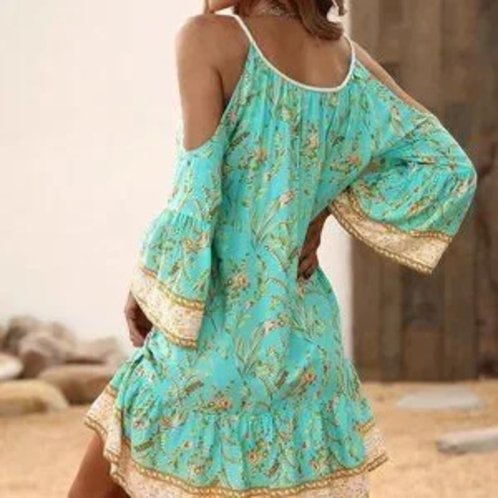Mint Green Boho Womens Floral Print Cold Shoulder Tassel Trim Ruffle Hem Dress